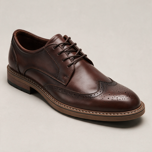 AI-generated Seedream square studio visual of Fitzgerald dress shoe, selected color Brown